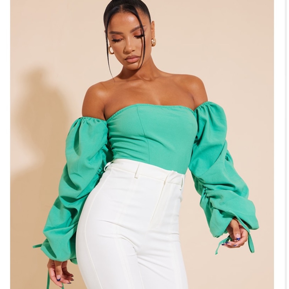 Bright Green Woven Bardot Extreme Ruched Long Sleeve Bodysuit
